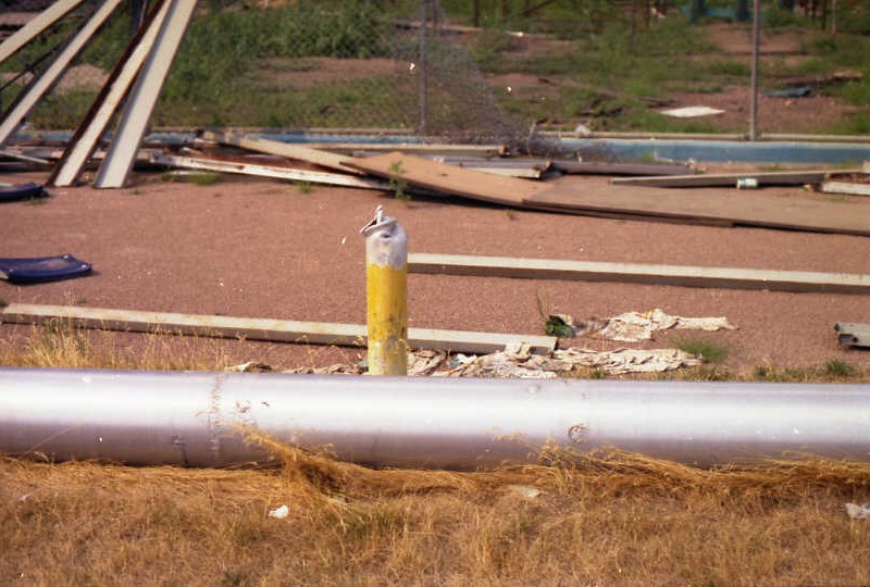 Remains of a football goal post (it was twisted off by fans during the rampage which followed the final Vikings game)