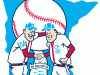 1961 - 1975 Primary logo  of Twins "Minnie" and "Paul" wearing baseball uniforms bearing the initials of Minneapolis and St. Paul shaking hands over the Mississippi river on a light blue design of the state Minnesota