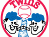 1972 alternate logo - Two Twins heads smiling over a river with a bridge in a circle with Twins in red