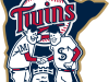 2015 to 2022 Alternate logo - Minnie and Paul characters shaking hands over the Mississippi River in front of team logo and Minnesota state silhouette. Outlined in gold starting in 2015 season, worn on sleeve of home jersey